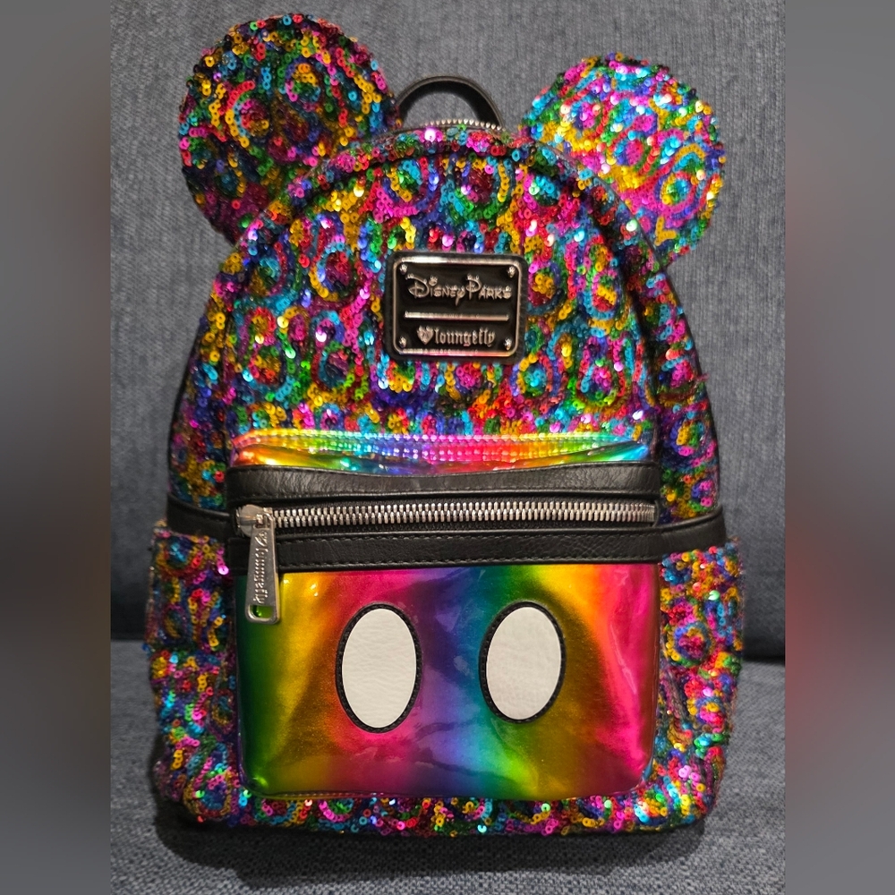 Loungefly Multicolor Sequin Mickey Ears Mini Backpack with Rainbow Pocket